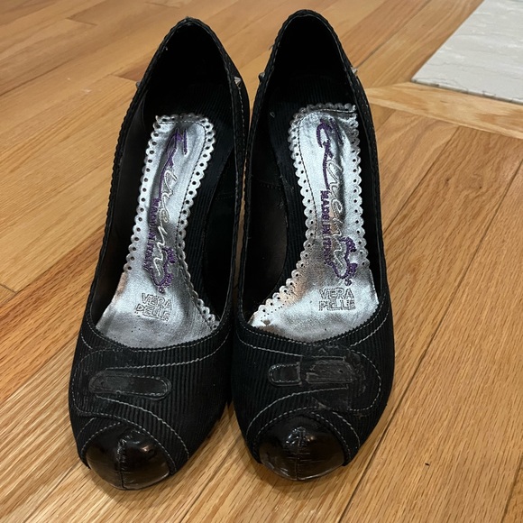 Vera Pelle Black Peep Toe Heels - Picture 1 of 4